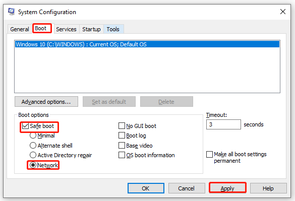 tick Safe Mode and Network in the Boot tab
