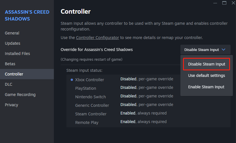 choose Disable Steam Input