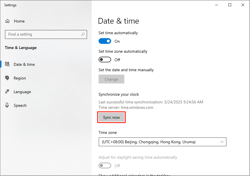 choose Sync now to synchronize the computer time