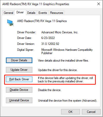 roll back the graphics driver via Device Manager