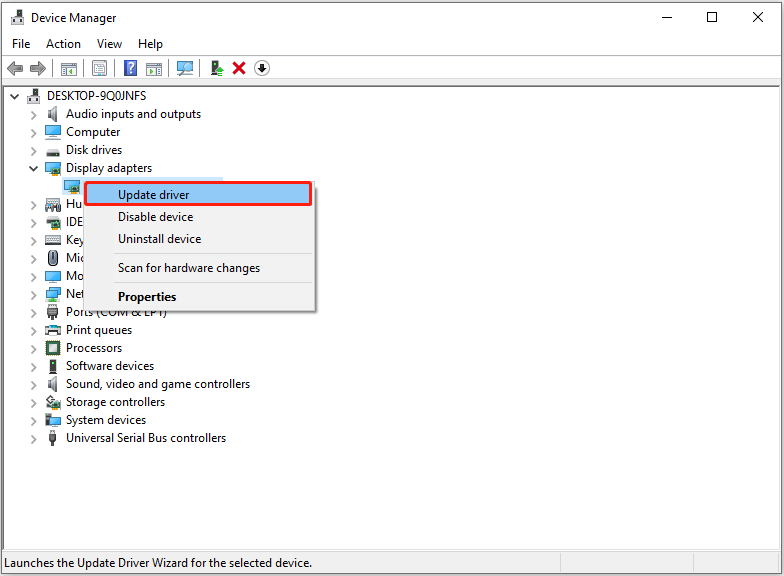 update the display driver in Device Manager