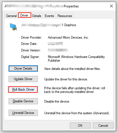 hit Roll Back Driver to roll back to the previously installed driver
