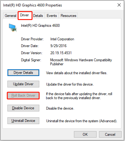 roll back the graphics card driver from device properties