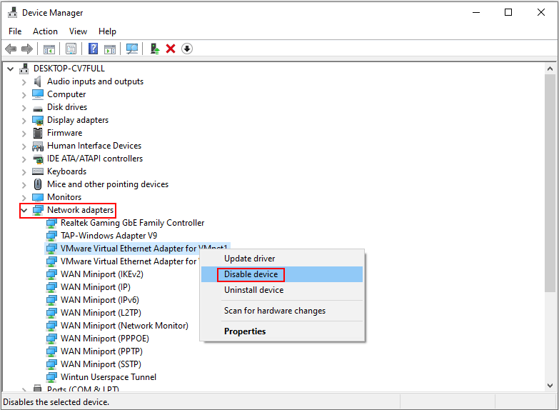 disable virtual network drivers on your computer