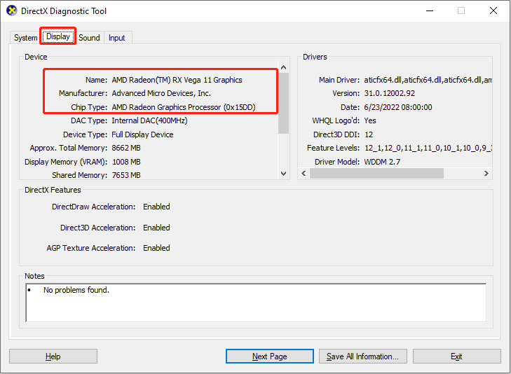 check the model of the graphics card in DirectX Diagnostic Tool