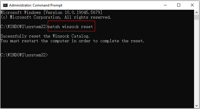 reset Winsock by executing the command line in Command Prompt