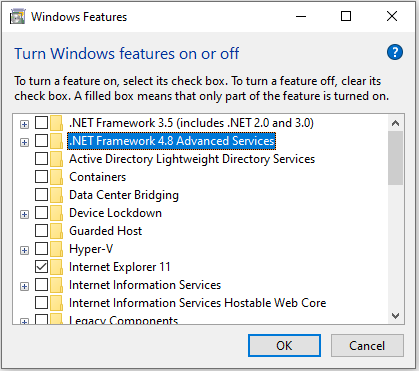 turn off .NET Framework options in Windows Features