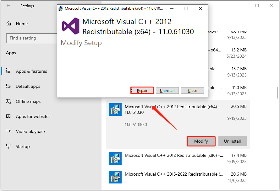 repair Microsoft Visual C++ from Settings