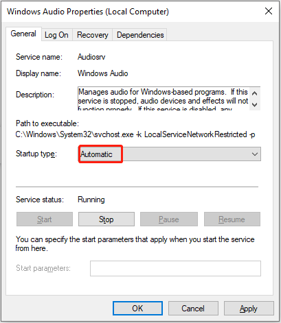 bật dịch vụ Windows Audio