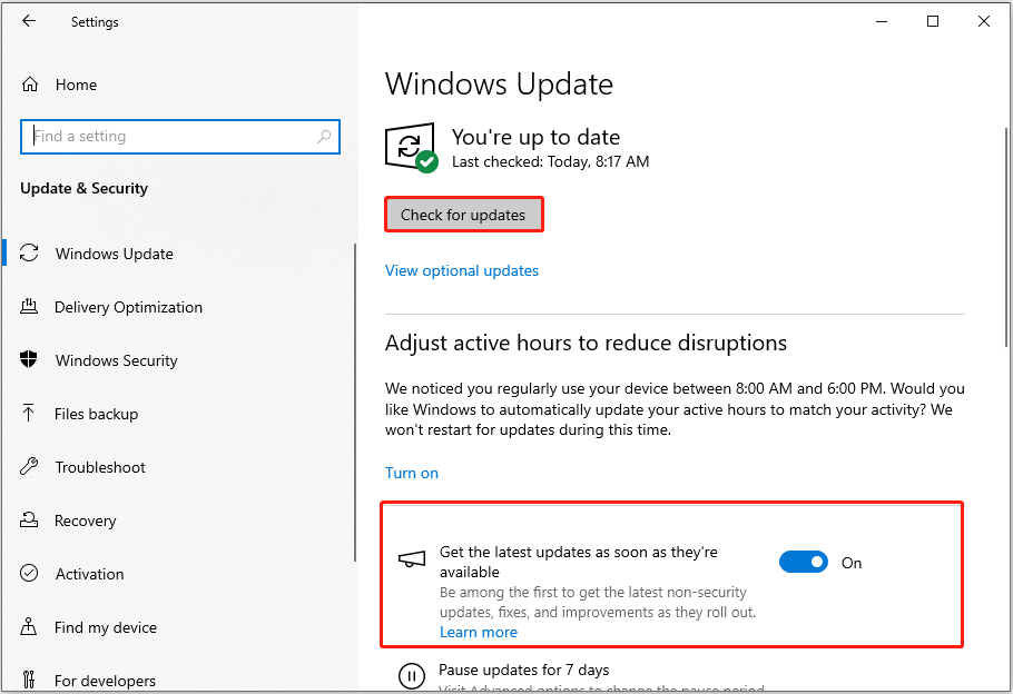 check for Windows updates in Settings