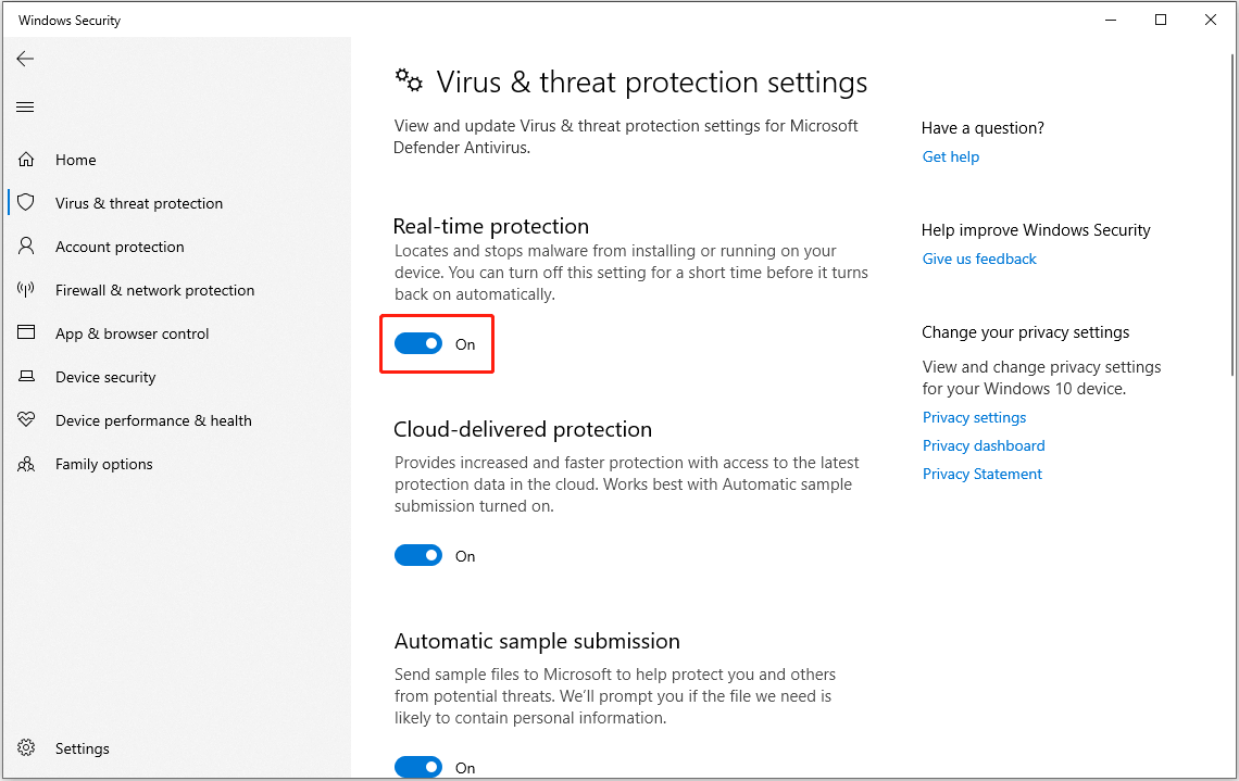 enable real-time protection in Windows Security