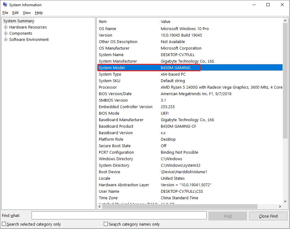 find the System Model information from the System Information window
