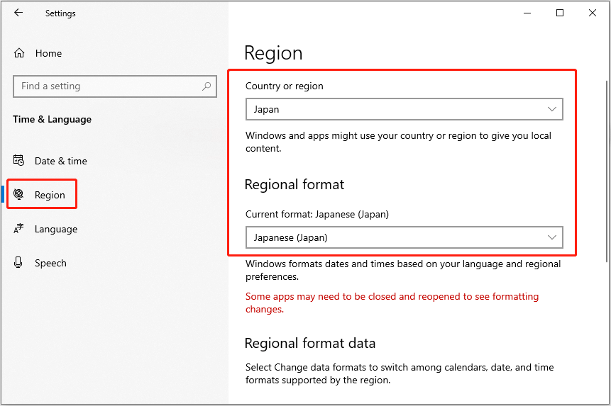 change the country and region format to Japan or Japanese