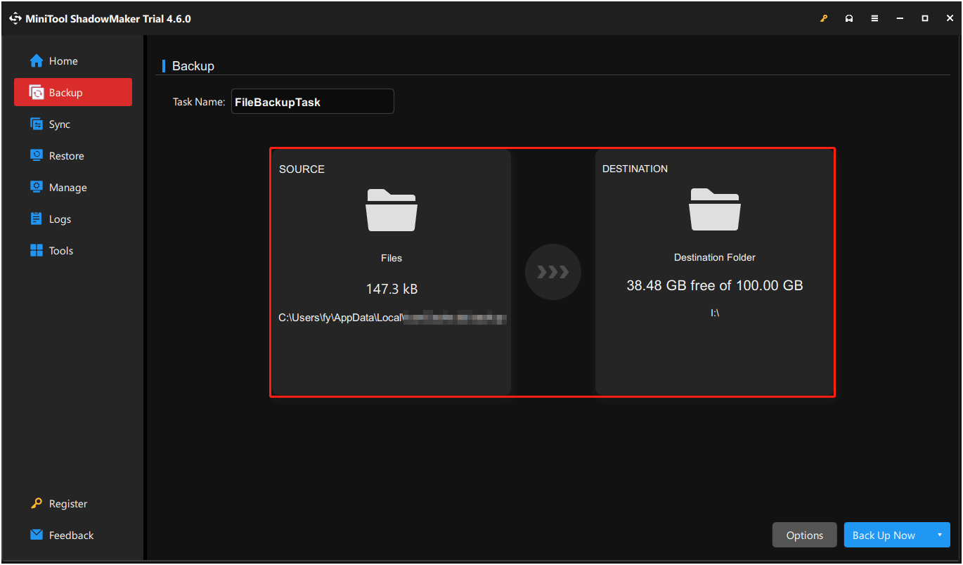 set up the backup source and destination in MiniTool ShadowMaker