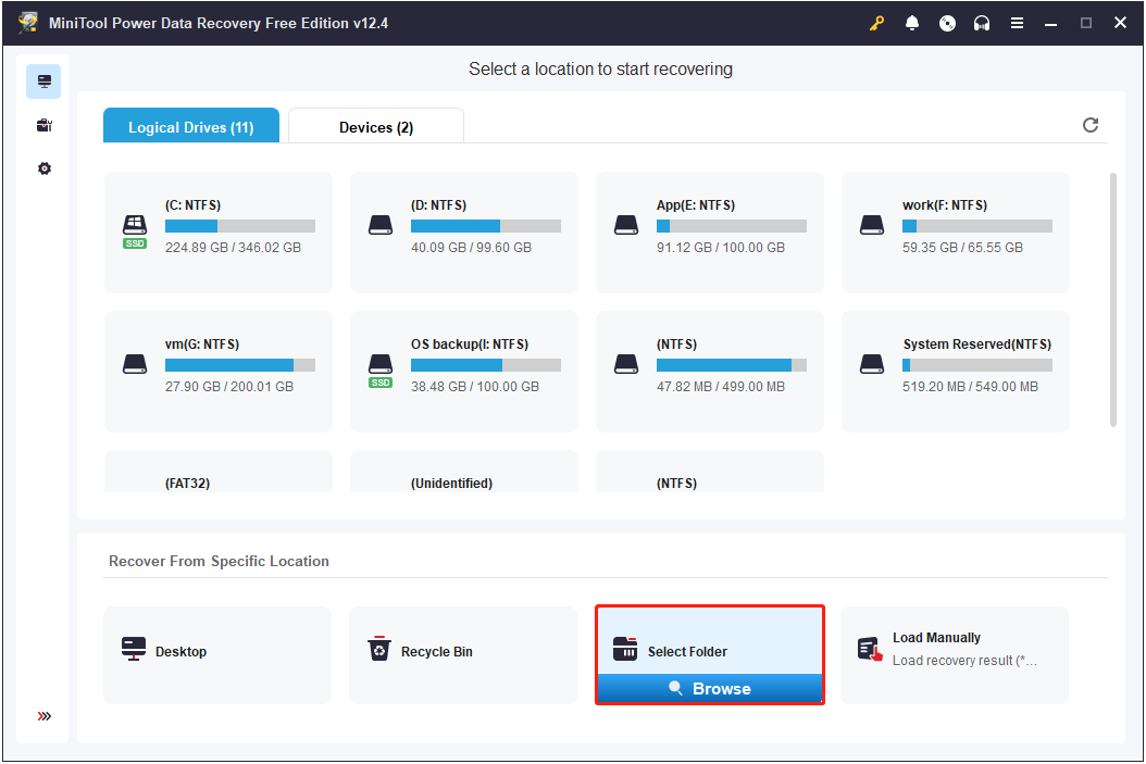 scan a specific folder for files in MiniTool Power Data Recovery
