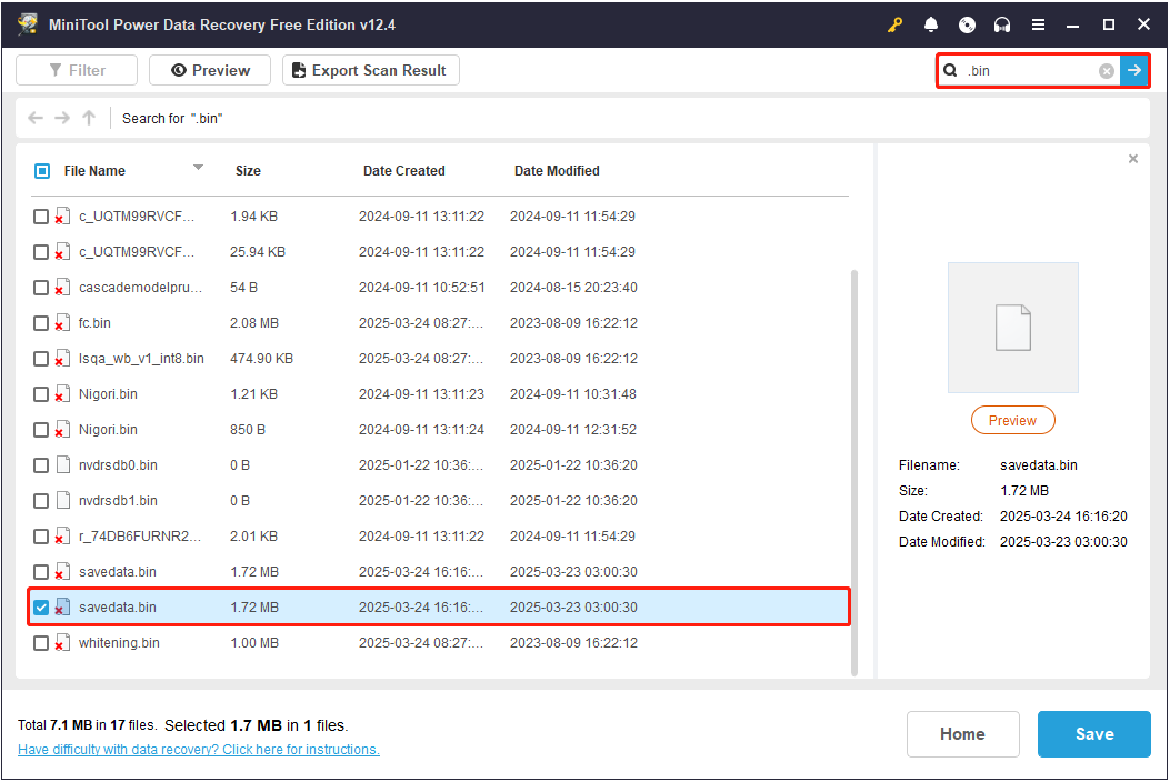 search for the file with the .bin extension in MiniTool Power Data Recovery