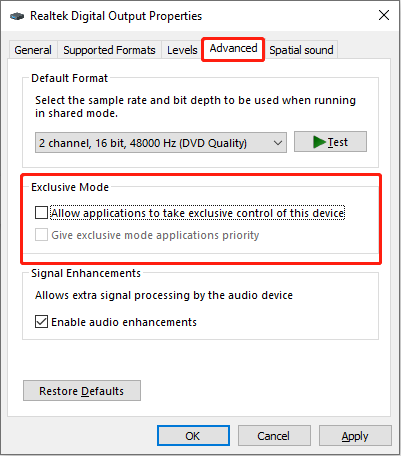 disable exclusive mode