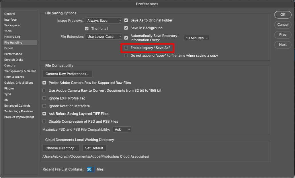 check the box of Enable legacy “Save As”