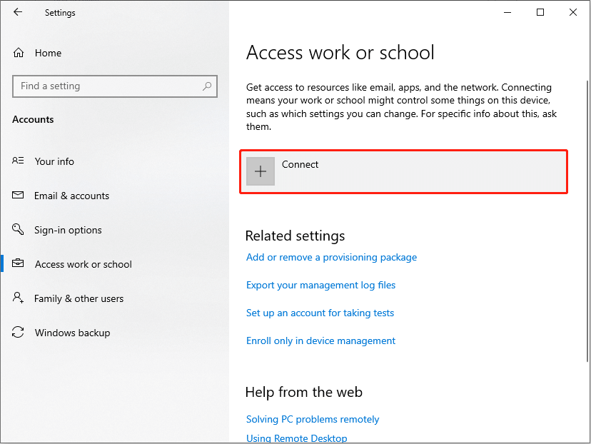 click Connect to log in to your account