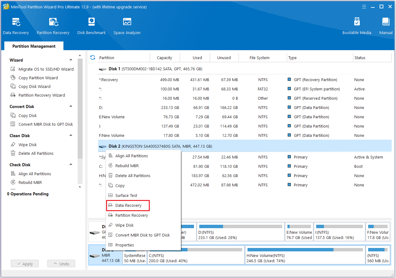 fare clic su Recupero dati in MiniTool Partition Wizard