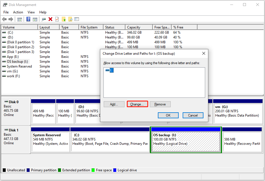 change the drive letter in Disk Management