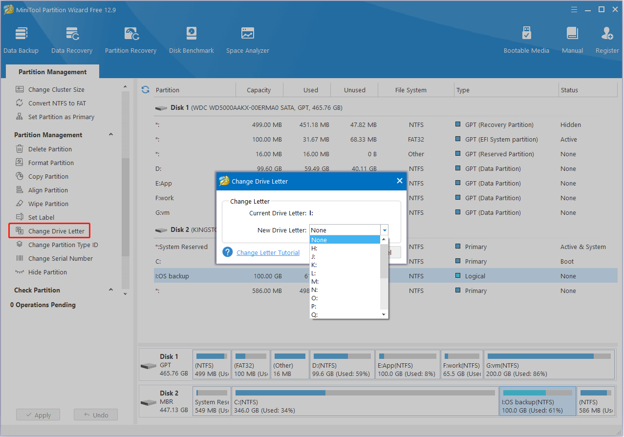change the drive letter in MiniTool Partition Wizard