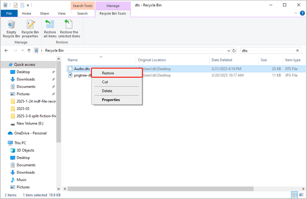 select Restore to recover your DTS file