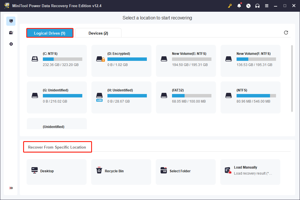 choose a partition or a specific location to scan in MiniTool Power Data Recovery