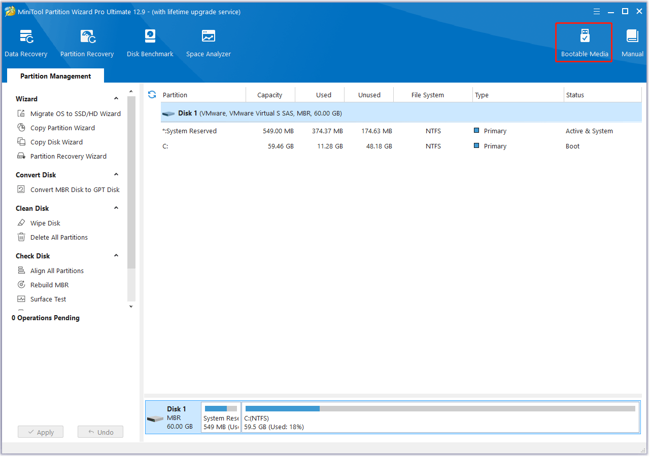 Fare clic sui supporti bootable sulla barra degli strumenti