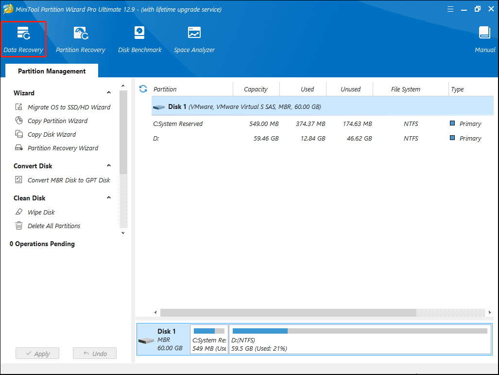 Fare clic sul recupero dati sulla barra degli strumenti