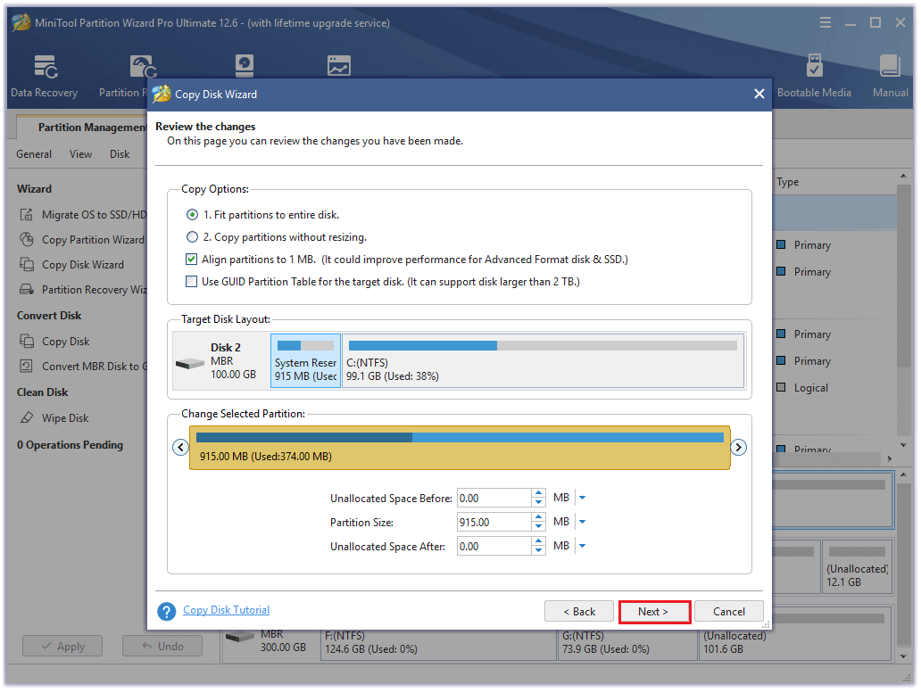 Sélectionnez l'option de copie et cliquez sur « Suivant ».
