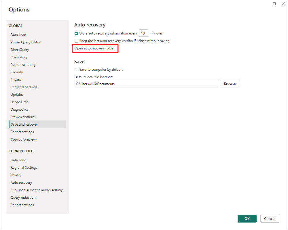 click the Open auto recovery folder option