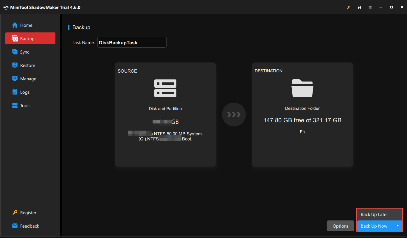 click Back Up Now or Back Up Later