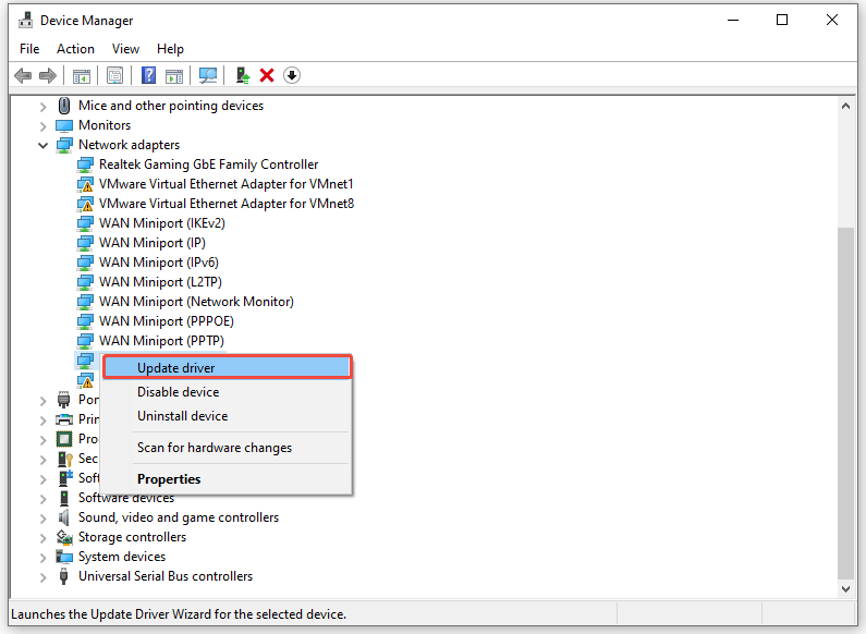 right-click on your active network and select Update driver