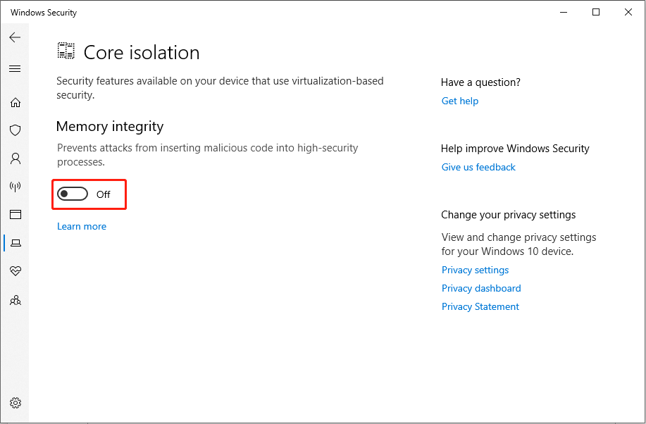 disable Core Isolation Memory Integrity