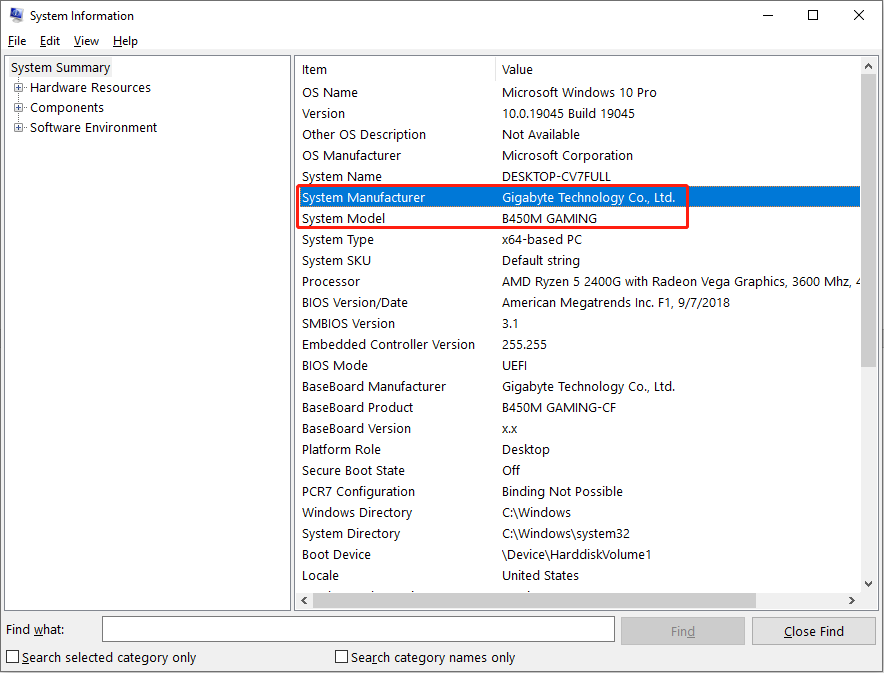 check System Manufacturer and System Model information in System Information window