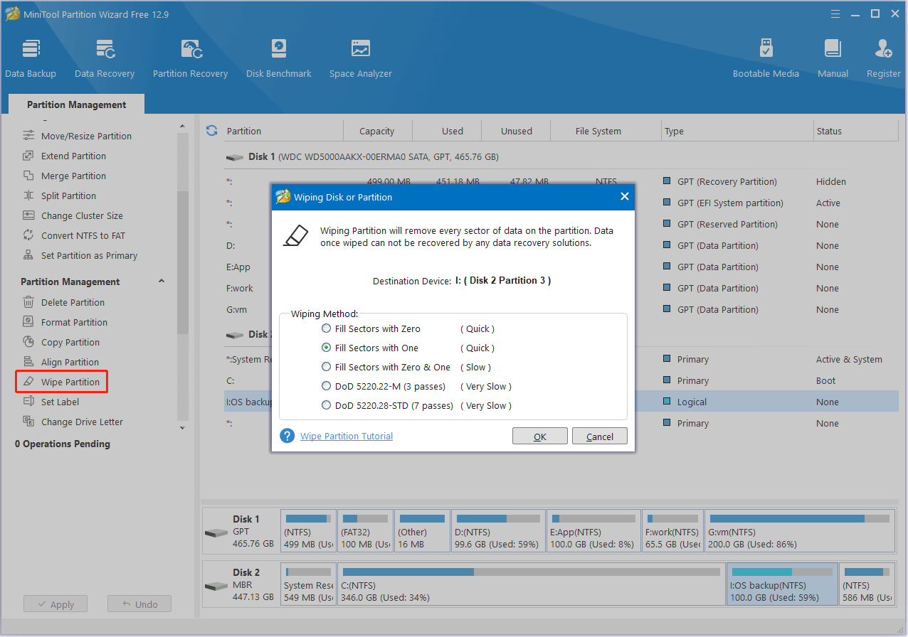 wipe the selected partition in MiniTool Partition Wizard