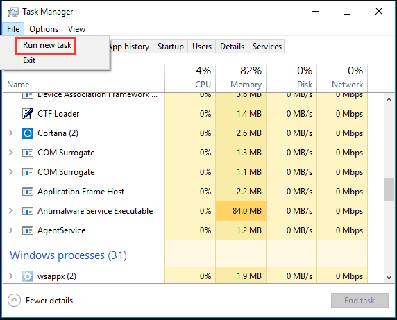 selecione executar nova tarefa