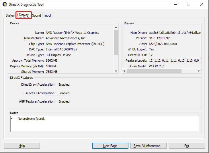 launch the DirectX Diagnostic Tool to check the VRAM information