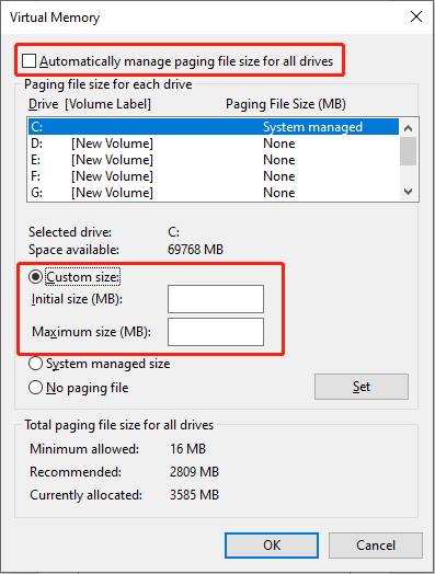 set the Initial size and Maximum size of virtual memory