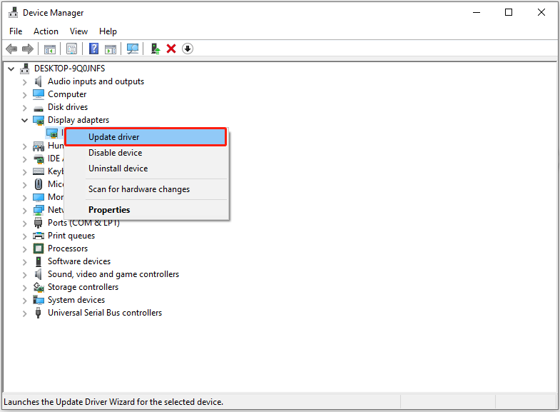 update the graphics card driver in Device Manager