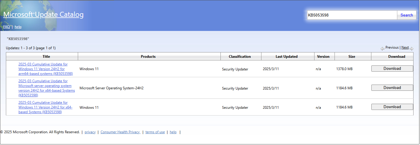 download KB5053598 from Microsoft Update Catalog