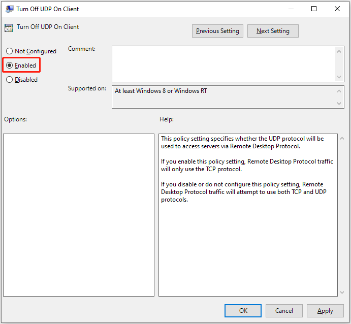 enable Turn Off UDP On Client