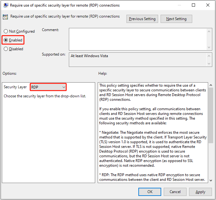 select RDP for the Security Layer in Local Group Policy Editor