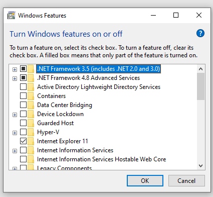 turn on .NET Framework 3.5 (includes .NET 2.0 and 3.0) and .NET Framework 4.8 Advanced Services