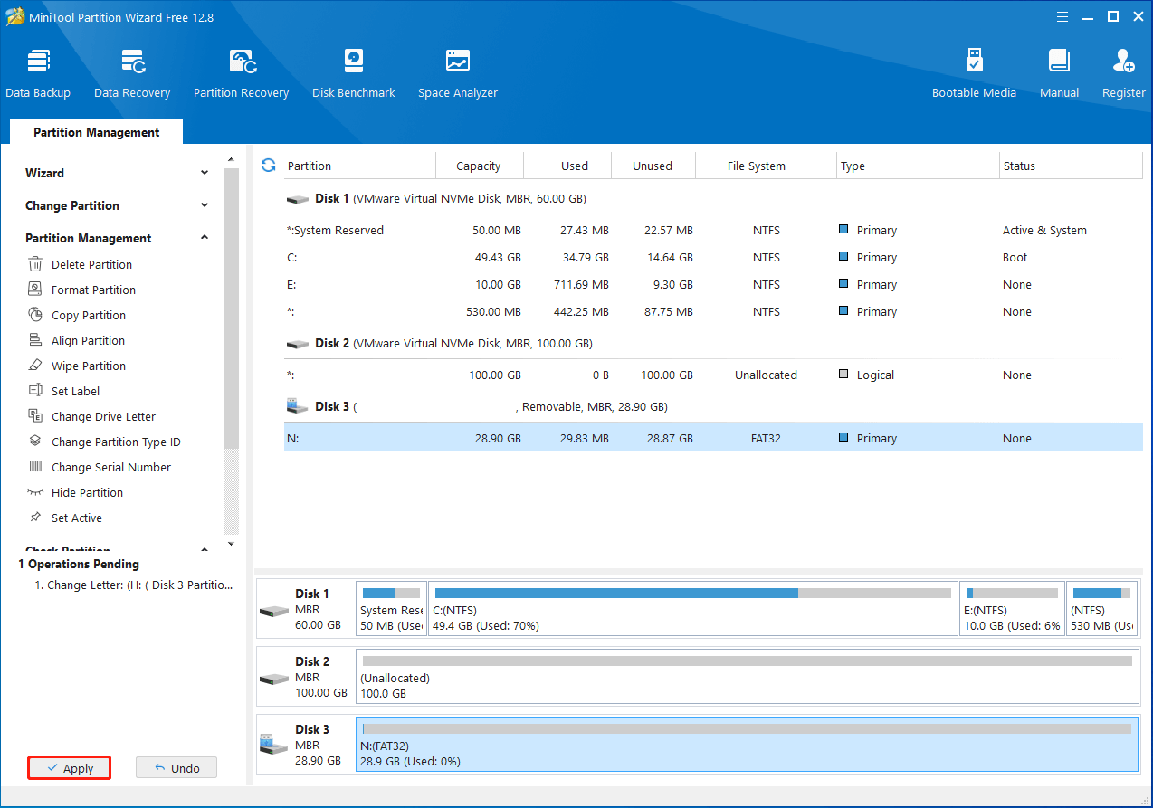 fare clic sul pulsante Applica