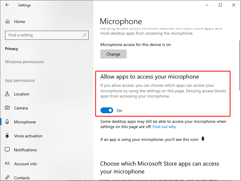 toggle the Allow apps to access your microphone to On