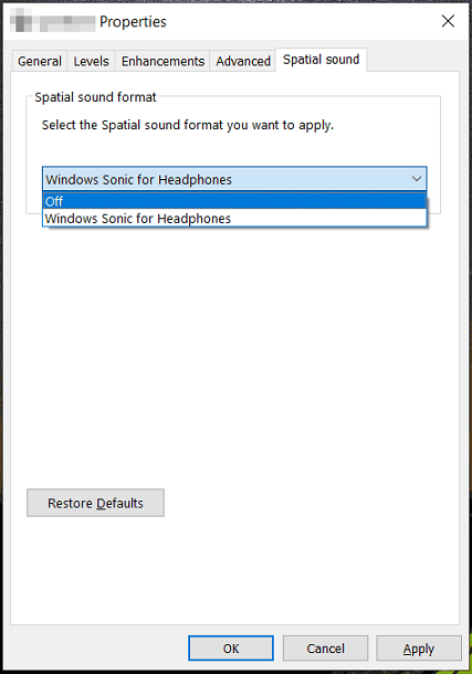 disable spatial sound for output device in Windows