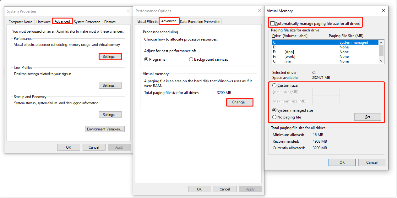 change the virtual memory page file size