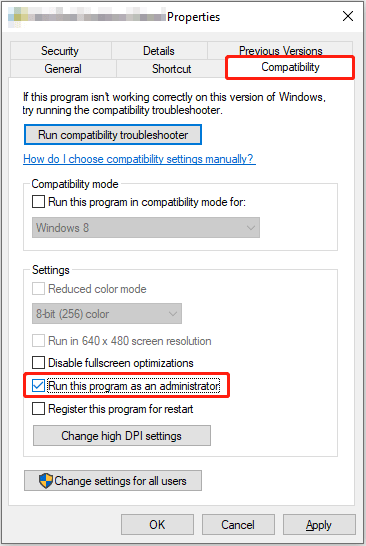run the program as an administrator from app properties